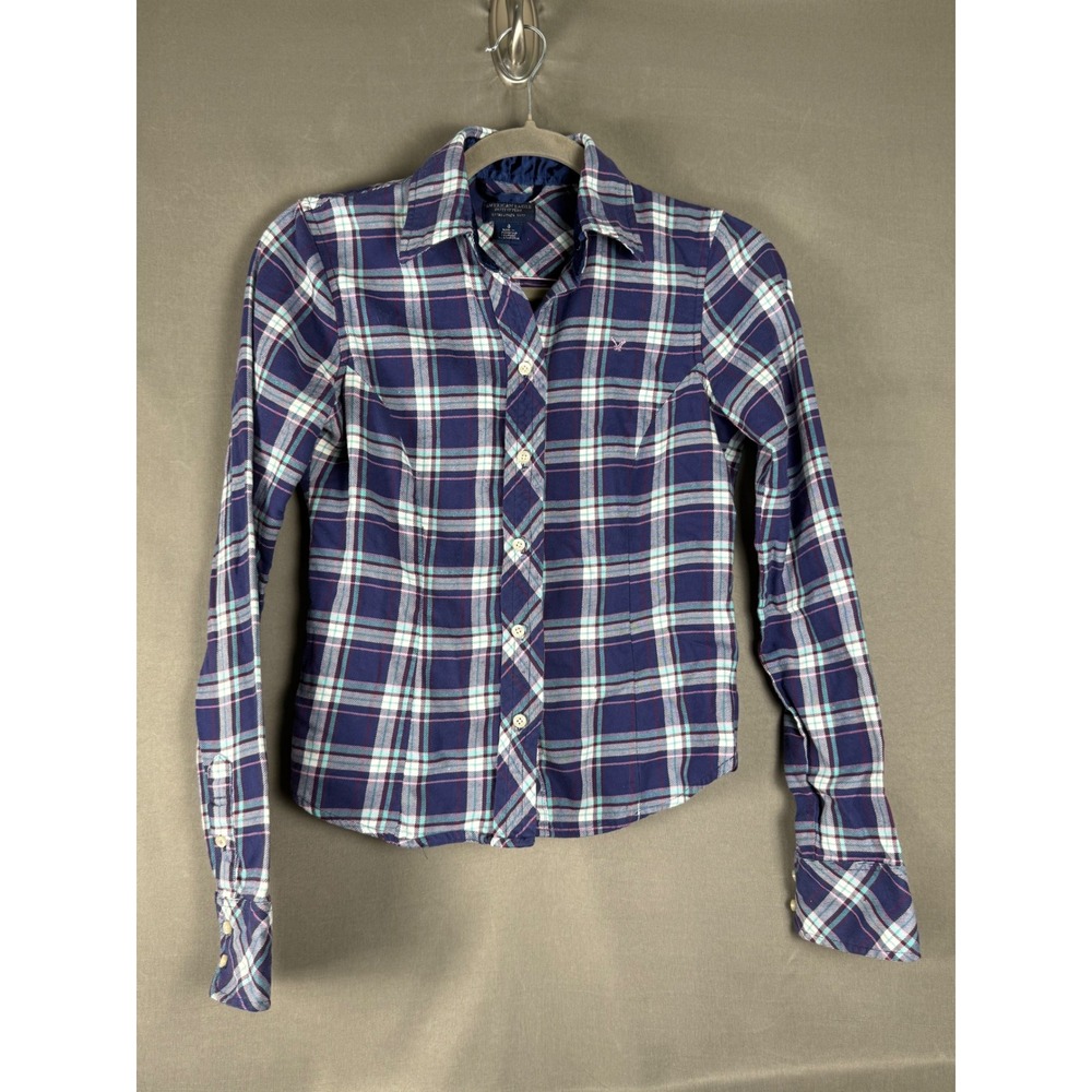 American Eagle Plaid Button Down Shirt Womens Size 0 Navy Blue Pink Long Sleeve